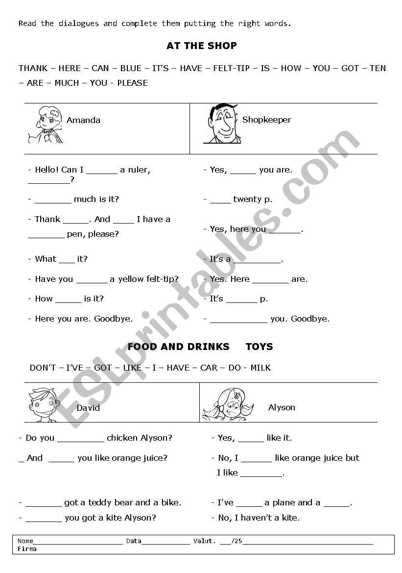 At the shop worksheet