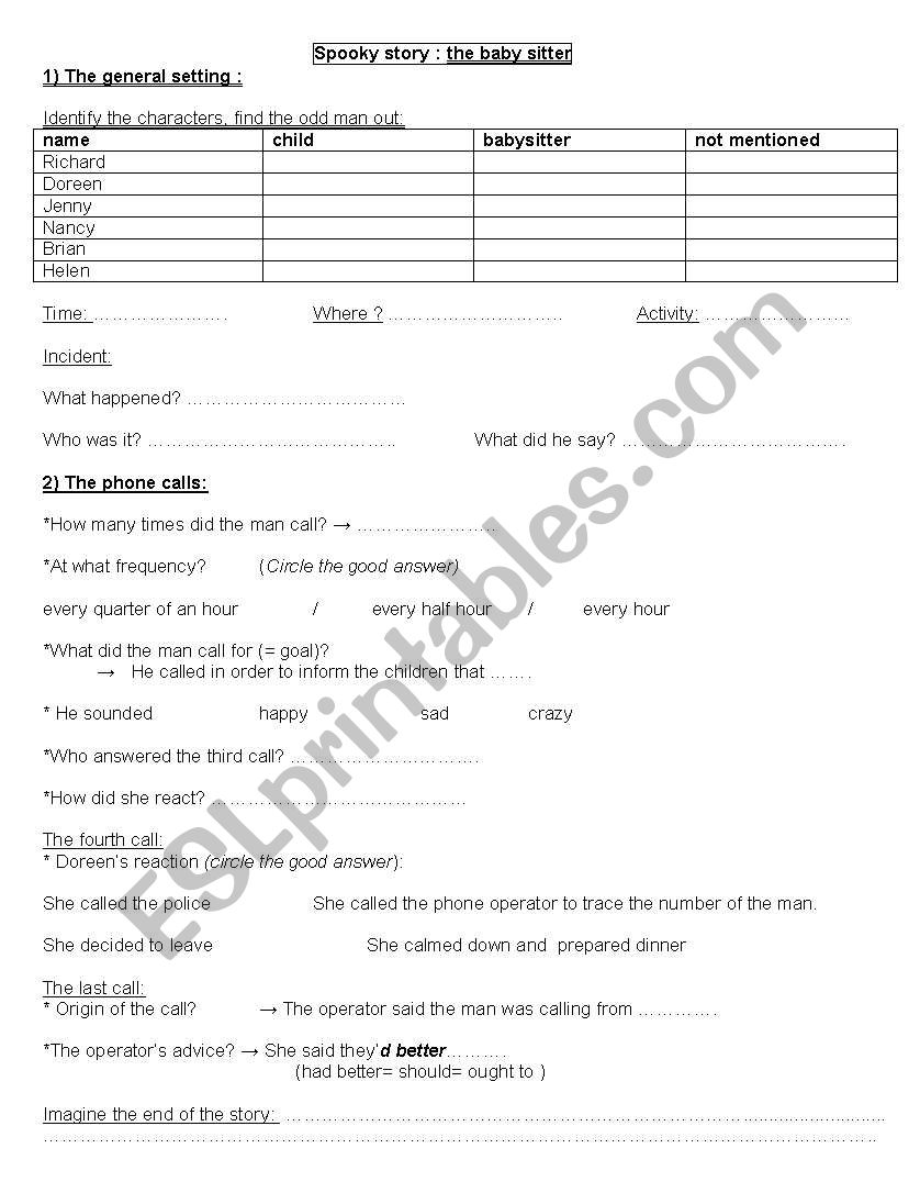 spooky story: the babysitter worksheet