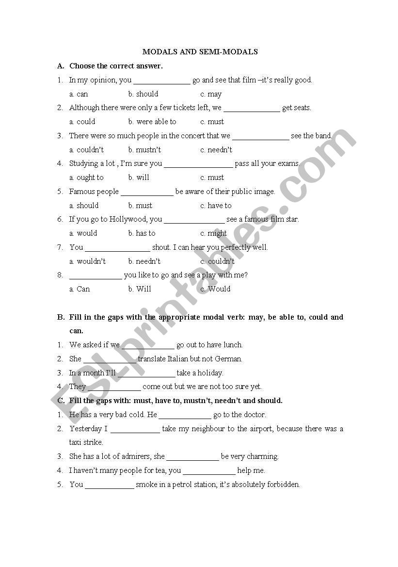 modals and semimodal verbs worksheet