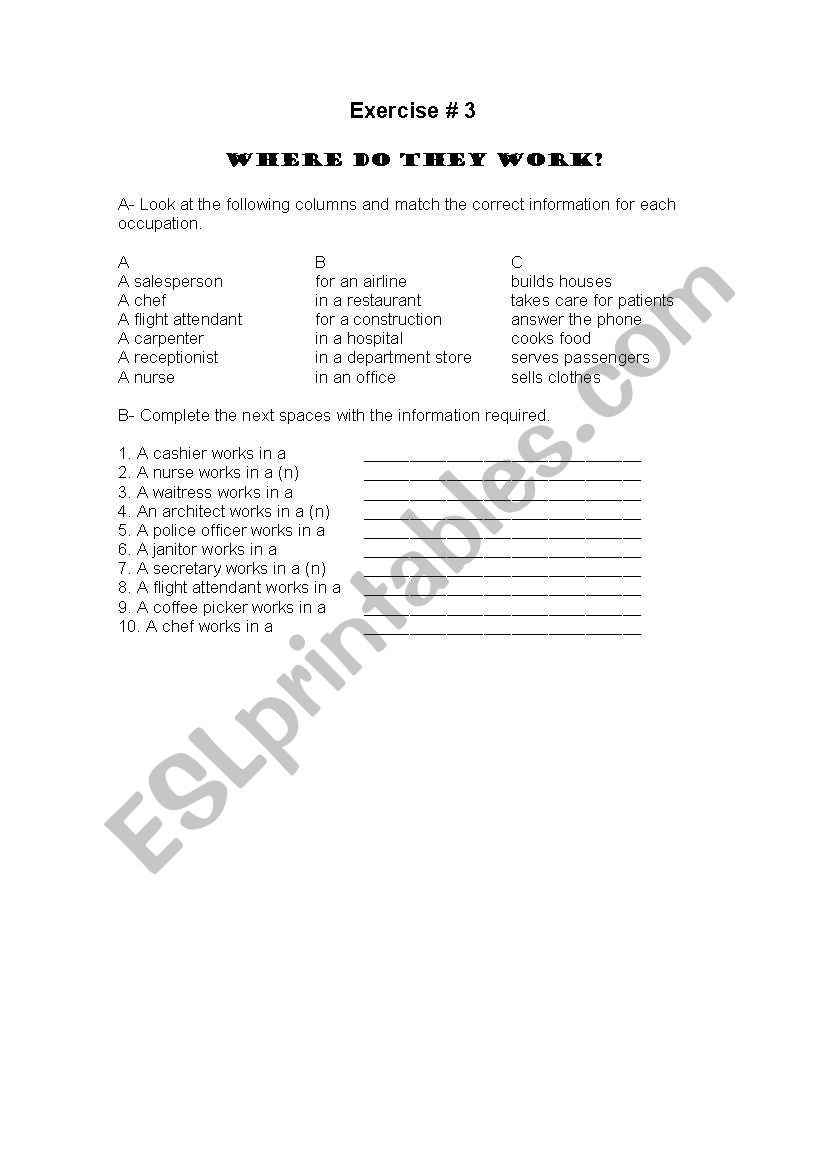  Occupations...Exercises #3 and #4