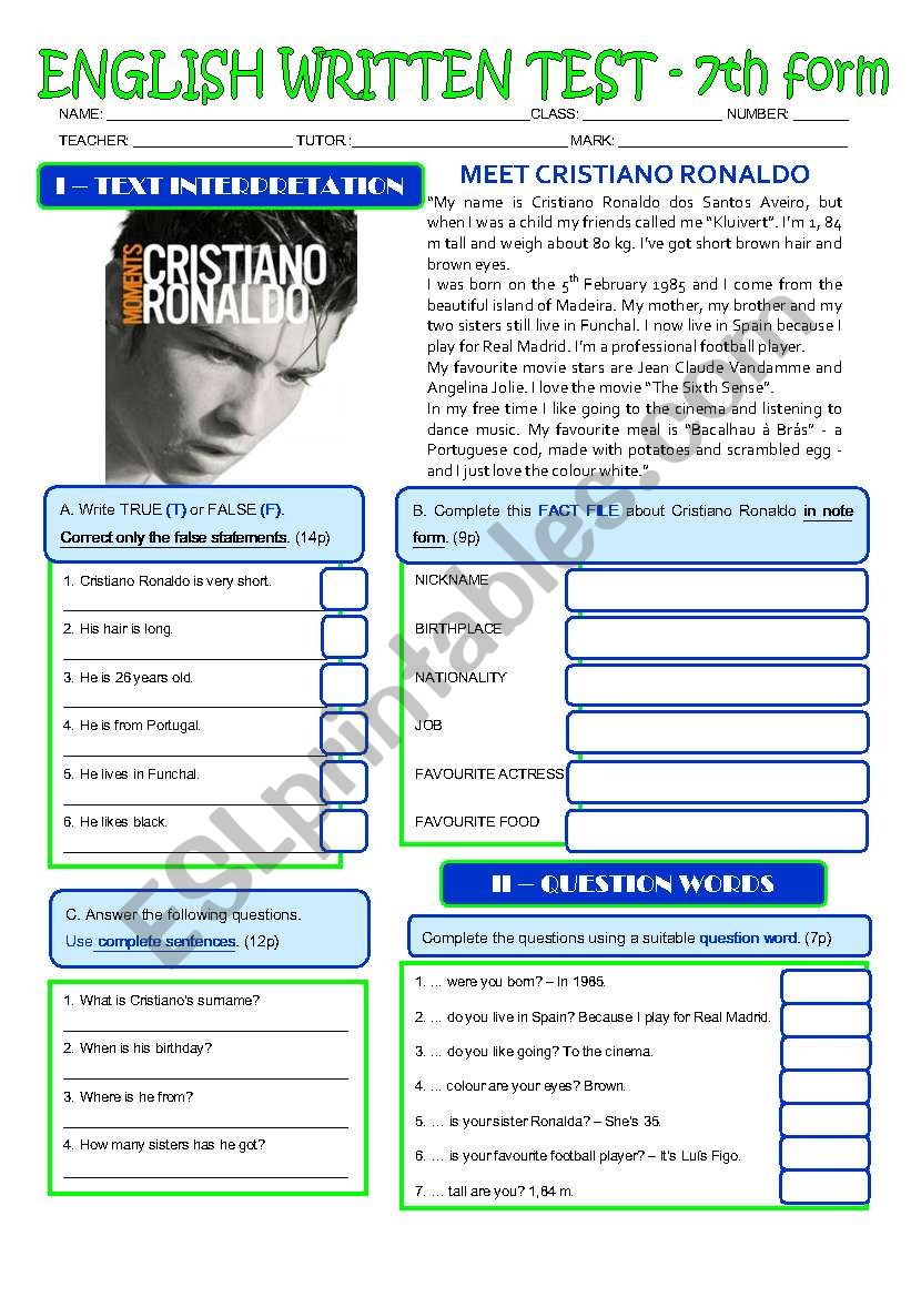 CRISTIANO RONALDO - A TEST (PERSONAL IDENTIFICATION) - 7th grade - level 3 (greyscale + key)
