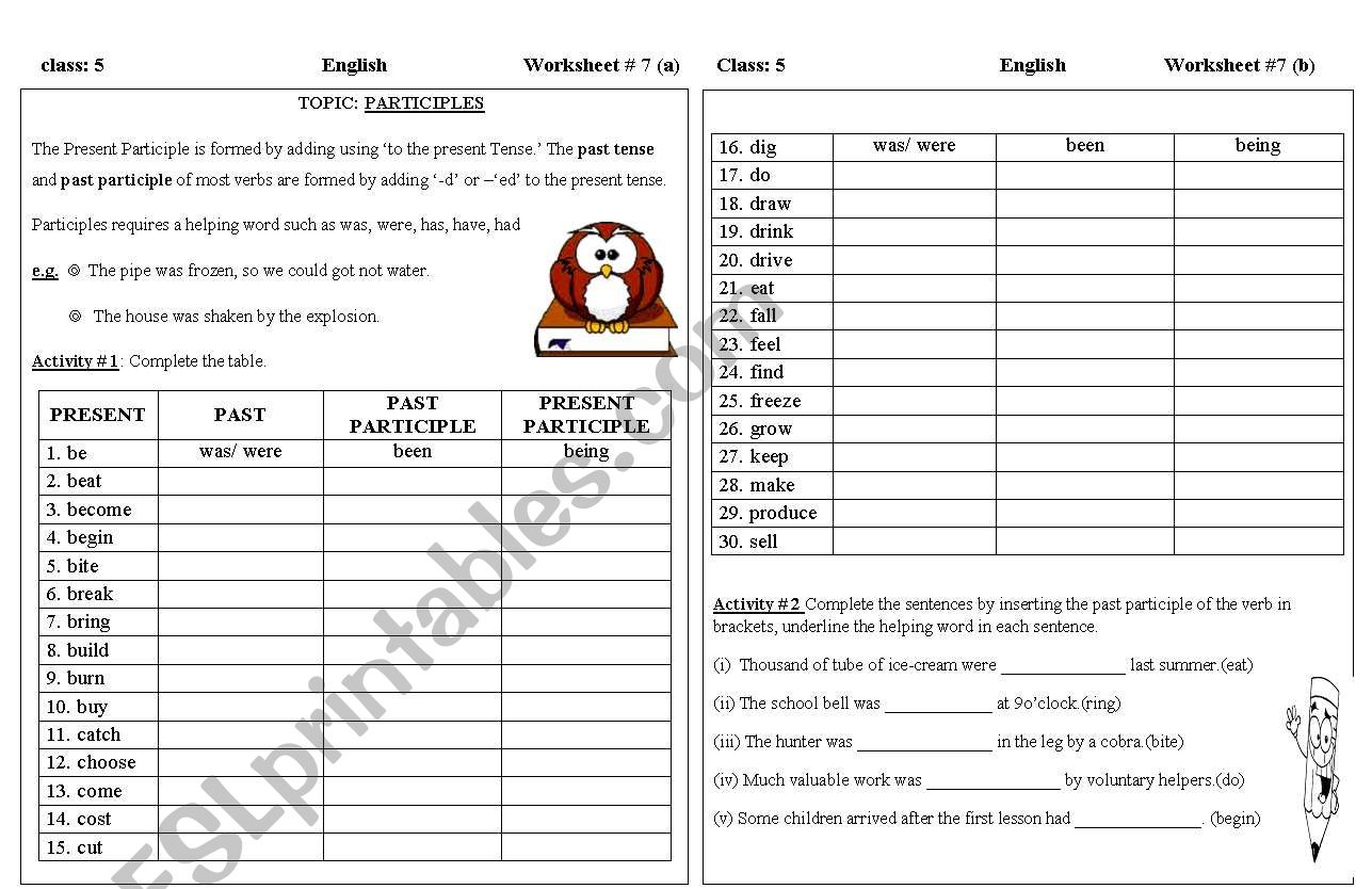 Participles worksheet