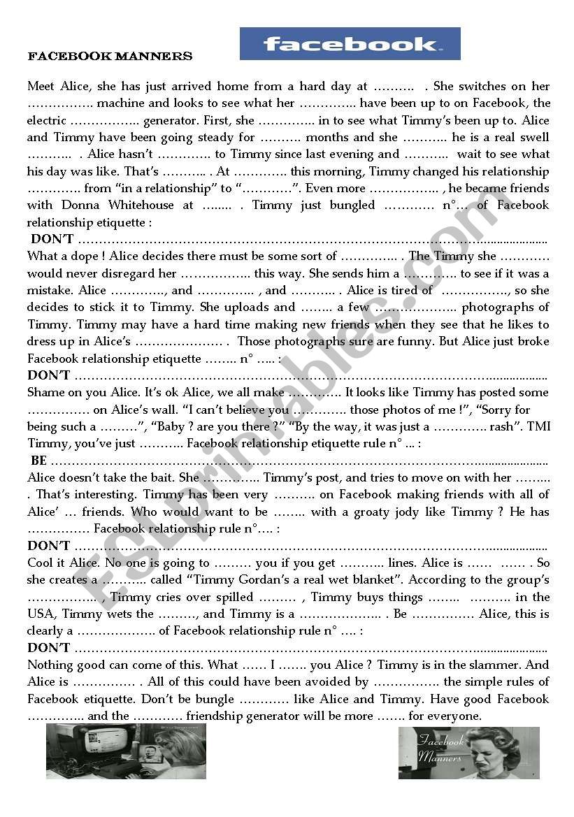 Facebook manners worksheet