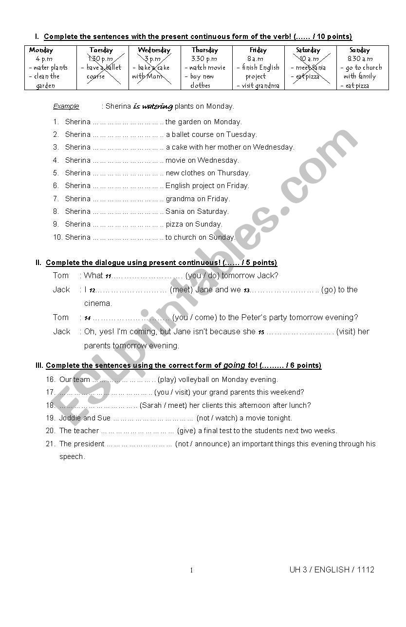 Present continuous with furture meaning, will and wont, reading exercise.
