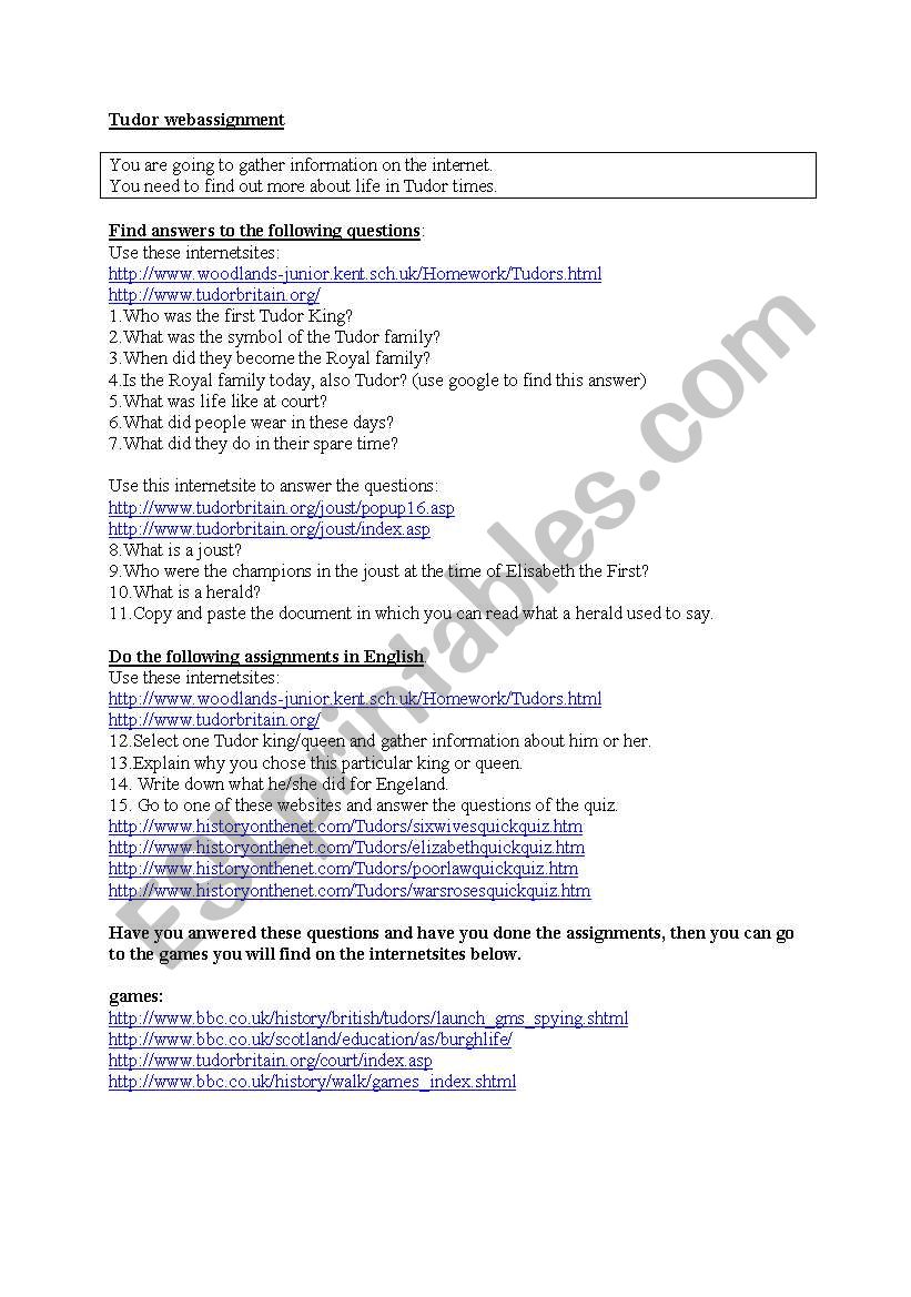 Tudor webquest worksheet