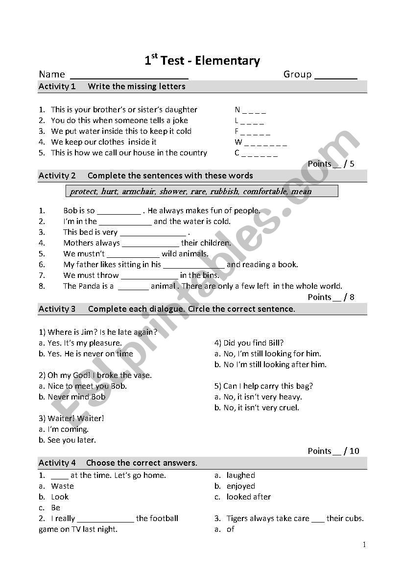 Test for Elementary Students worksheet