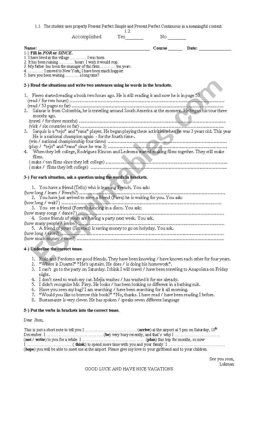 PRESENT PERFECT AND CONTINOUS worksheet