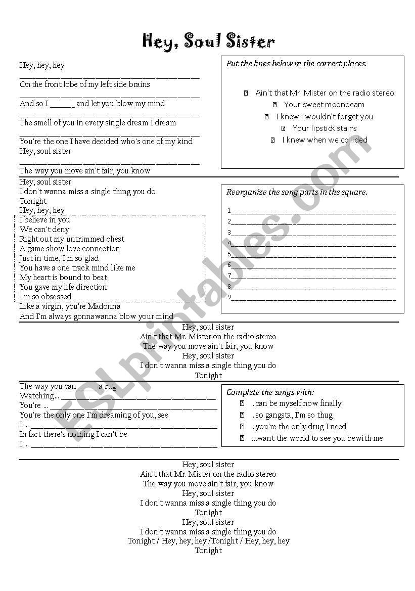 Hey Soul Sister - Train worksheet