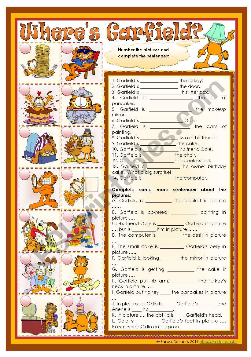 WhereÂ´s Garfield? - prepositions practice *editable