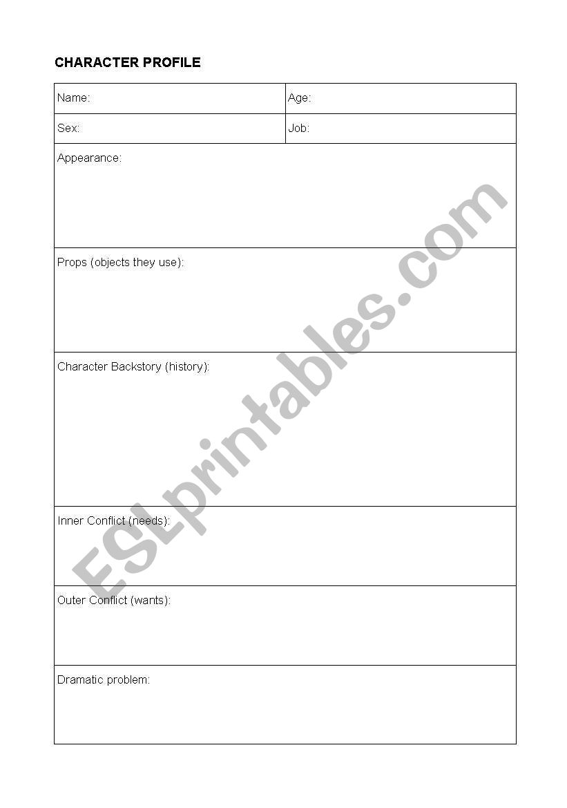 Character Development Profile worksheet