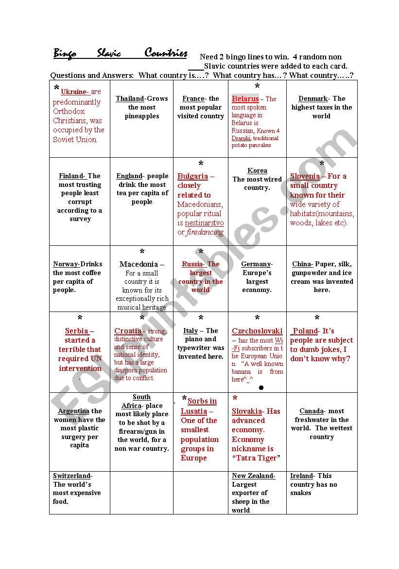 Bingo! Countries with emphasis on Slavic nations