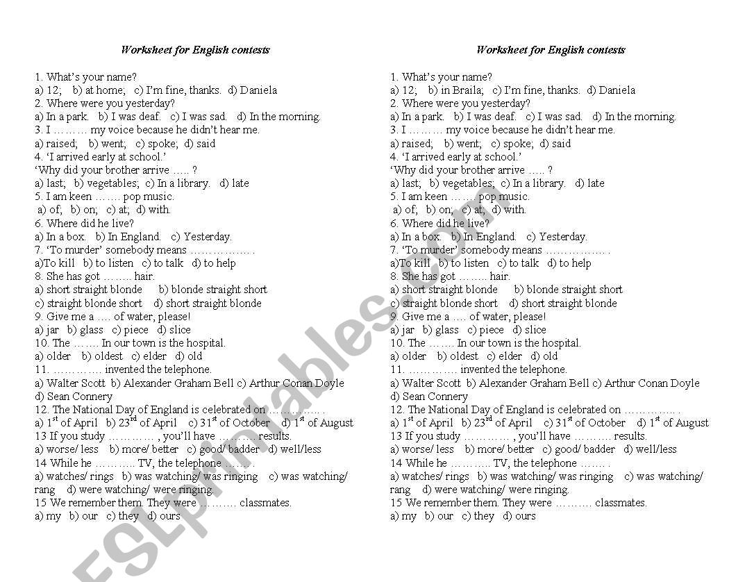 Worksheet for English contests