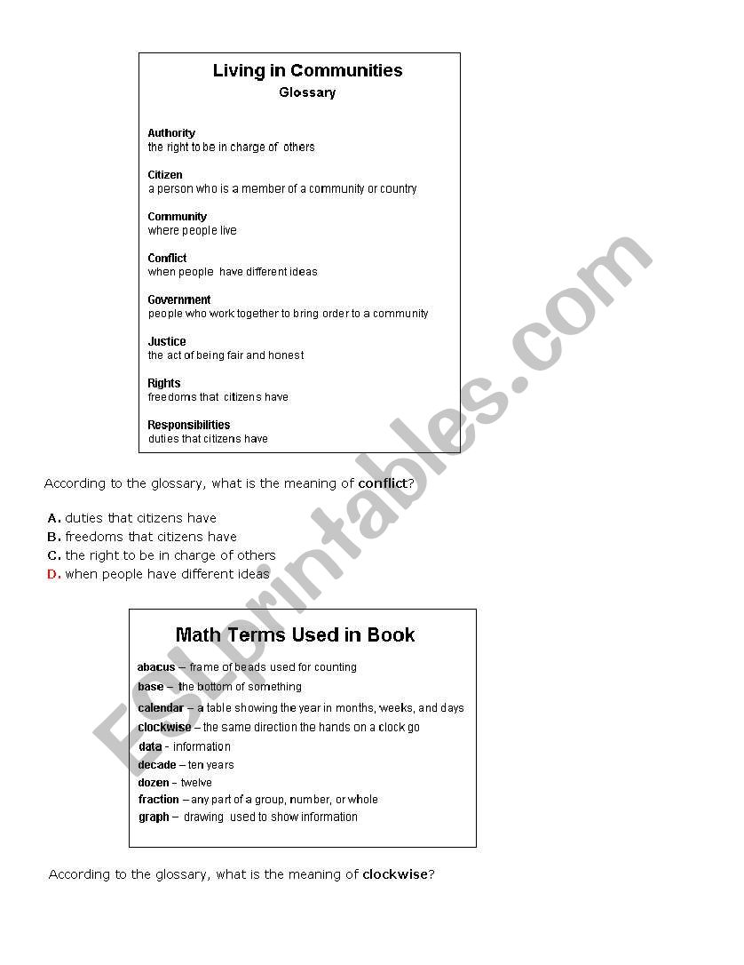Using a Glossary worksheet