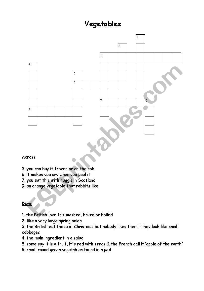 Vegetable crossword worksheet