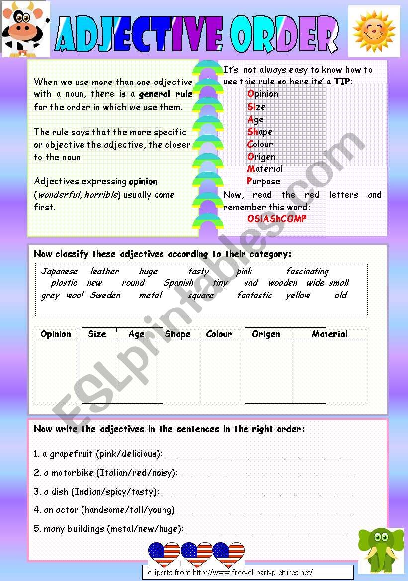 Adjectives Order ESL Worksheet By Cladelol