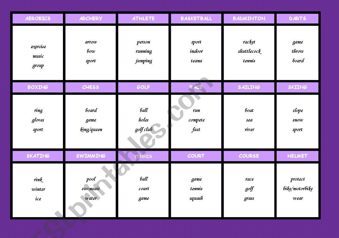 Sport - taboo cards worksheet
