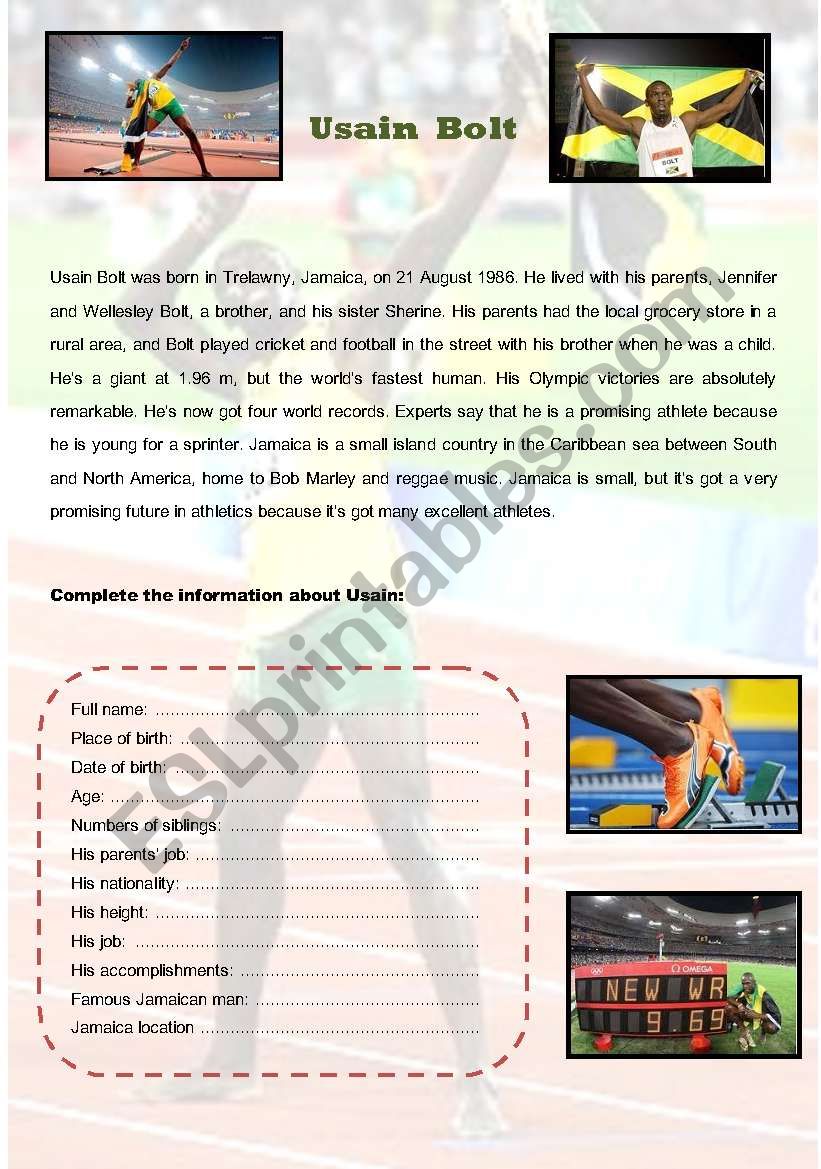 Usain Bolt Biography worksheet