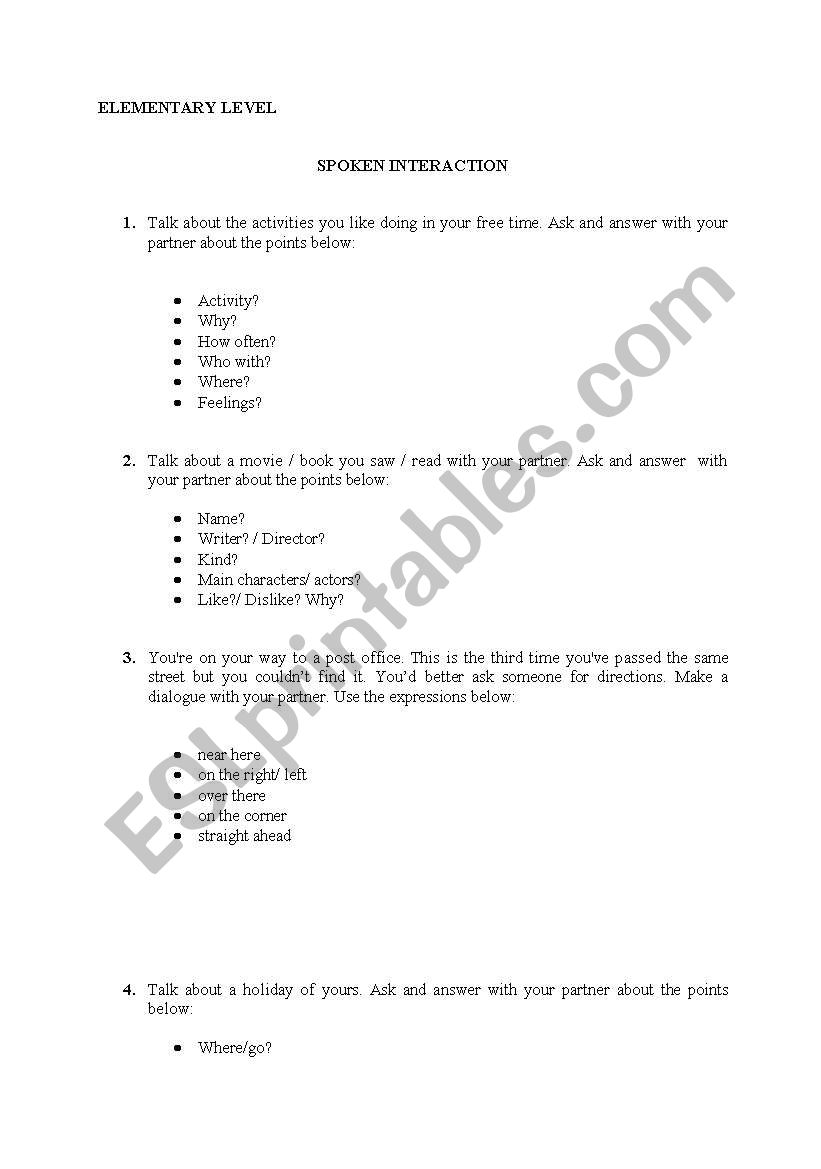 SPEAKING TOPICS FOR ELEMENTARY AND PRE-INTERMEDIATE LEVELS