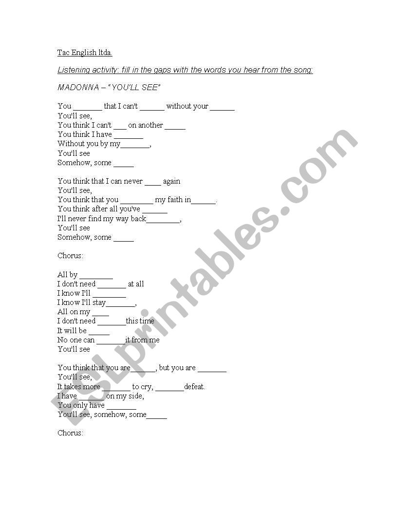 English worksheets: You´ll see by Madonna