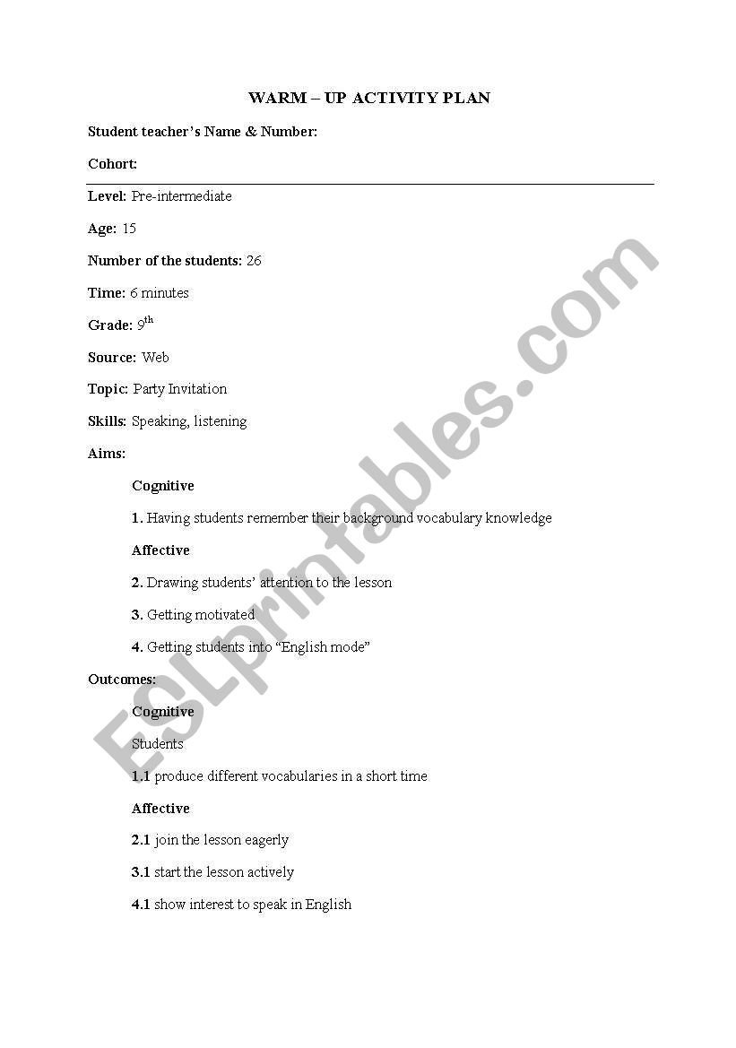 Warm-up Activity Plan worksheet