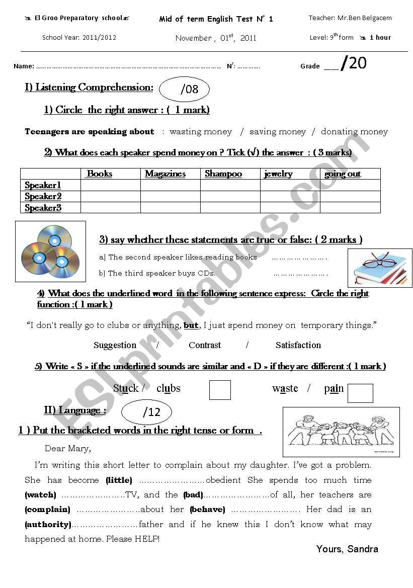 mid of term test 1  worksheet