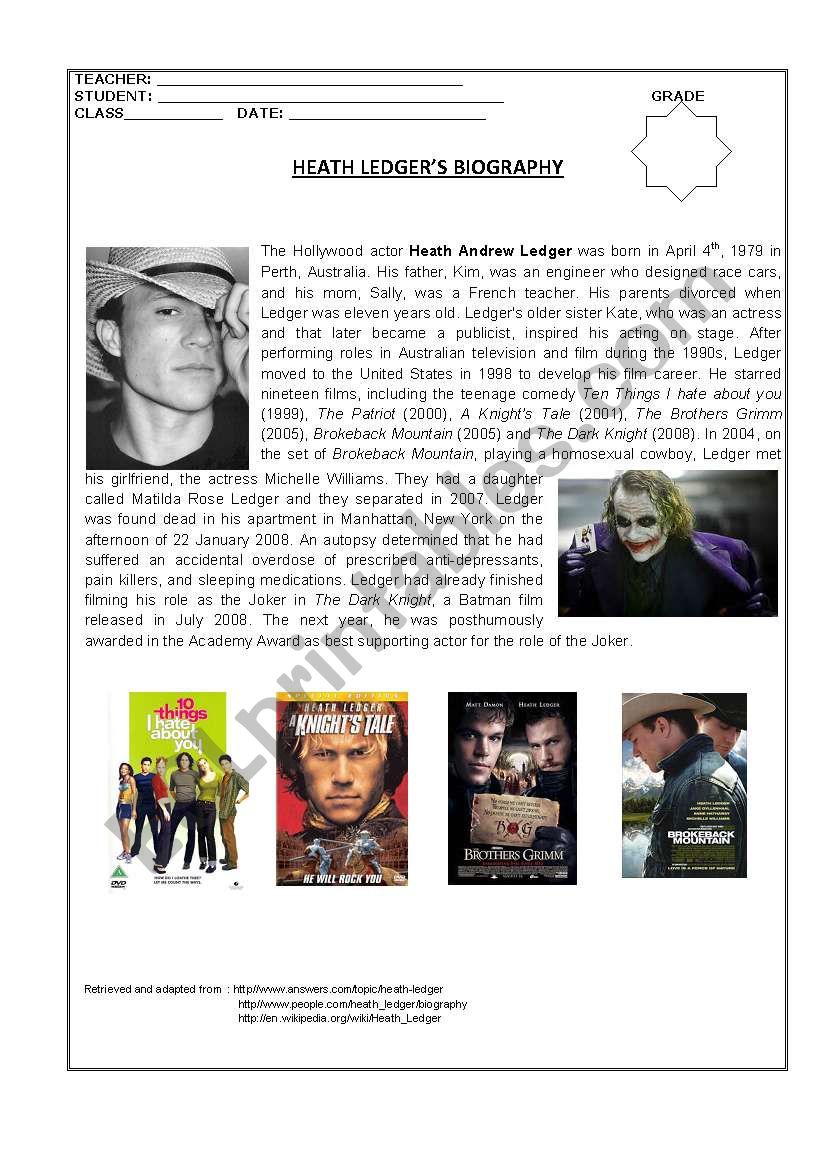 Heath Ledgers Biography worksheet