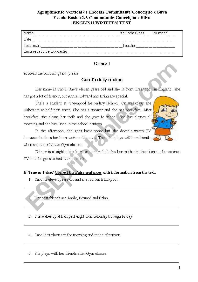 6th Grade Evaluation Test worksheet