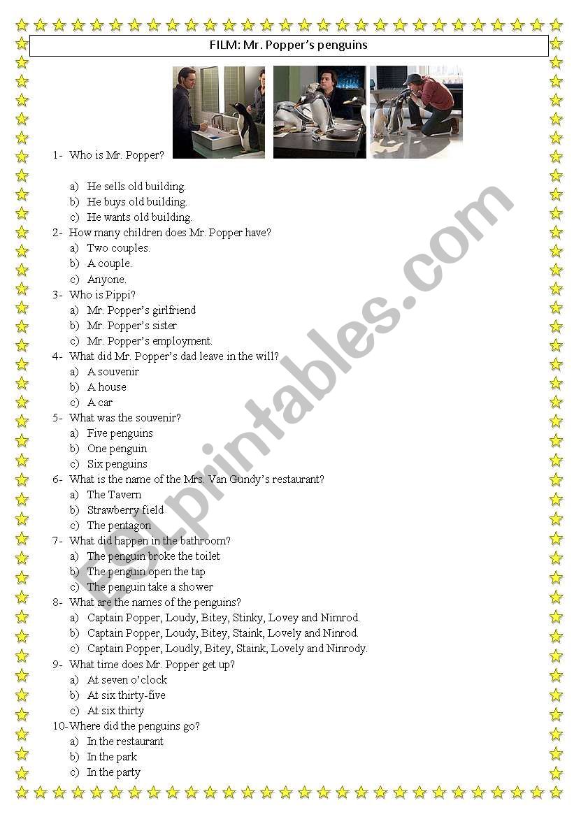 Mr. Poppers penguins worksheet