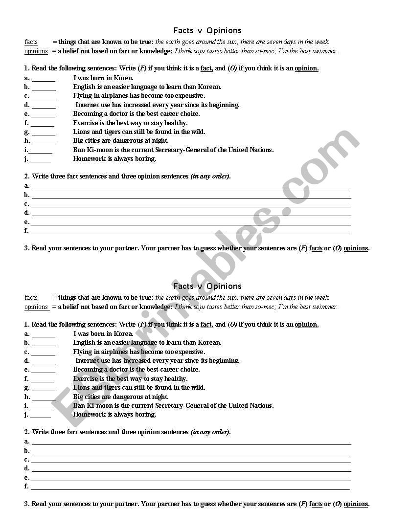 Facts versus Opinions worksheet