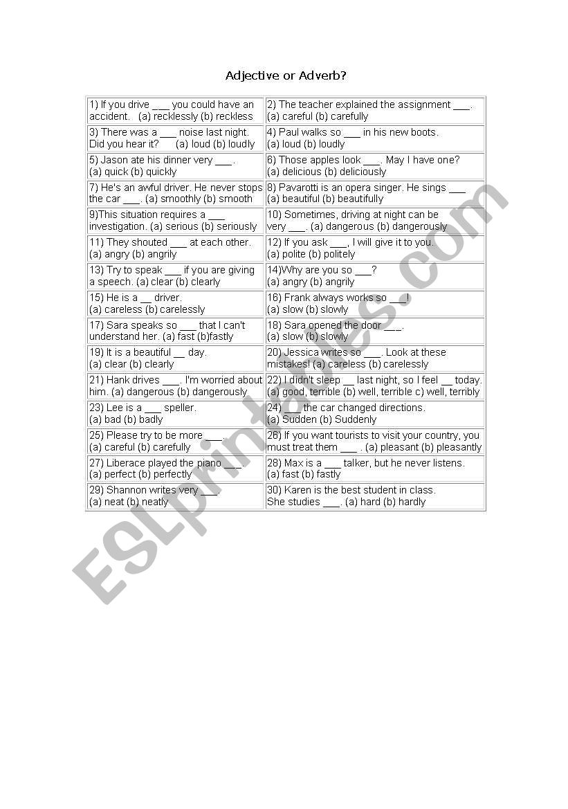 Adjective or adverb worksheet