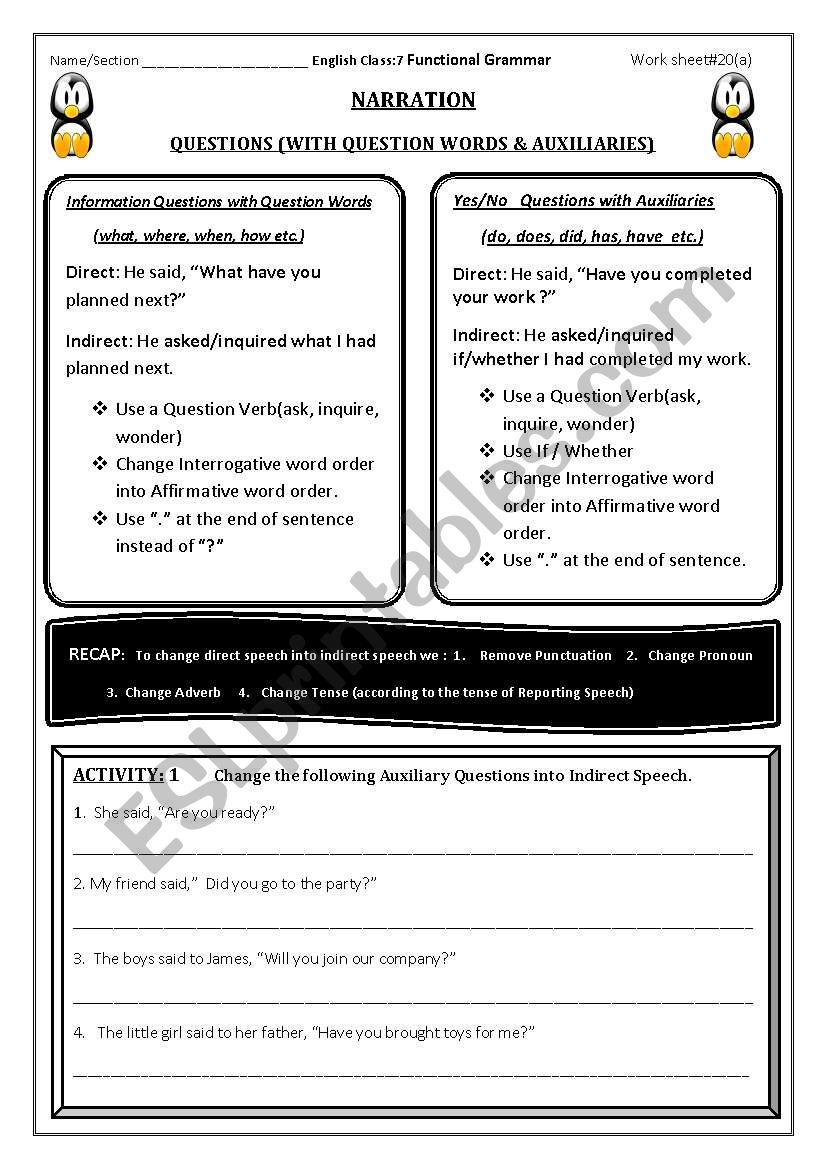 narration (questions) worksheet