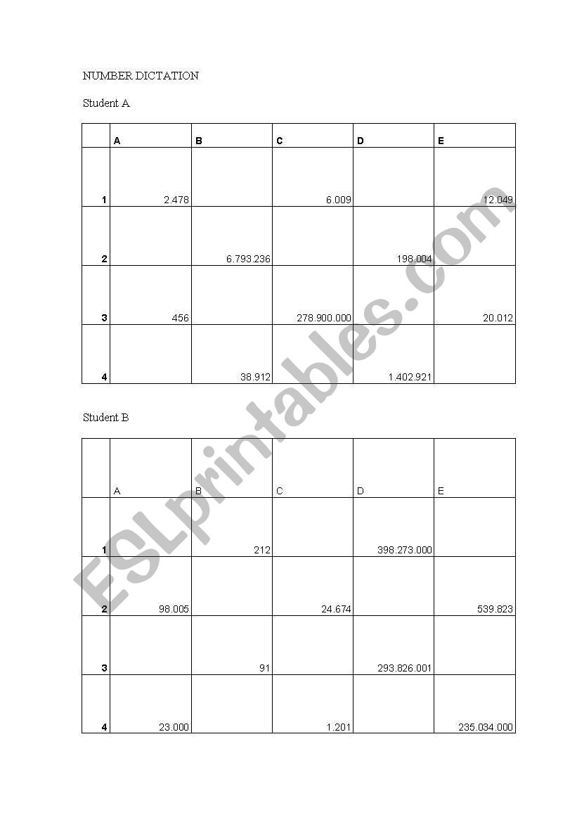 Number dictation worksheet