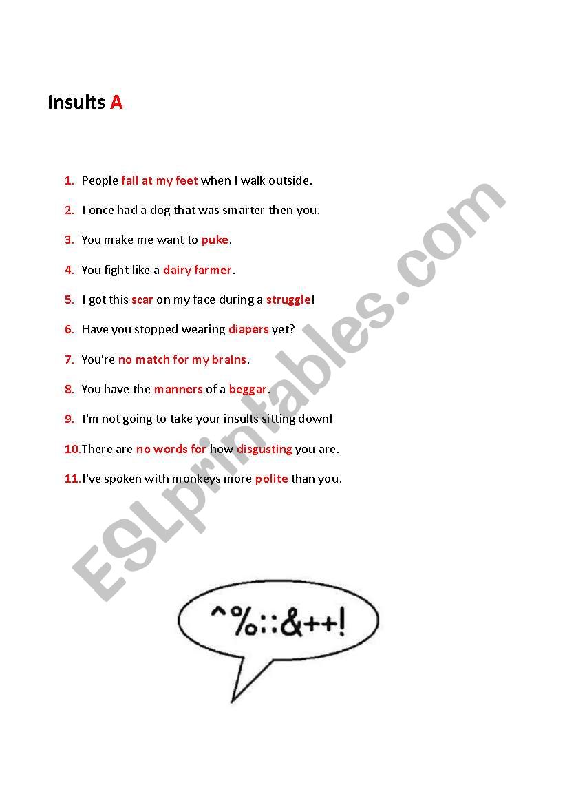 Insults and Rebuttals worksheet