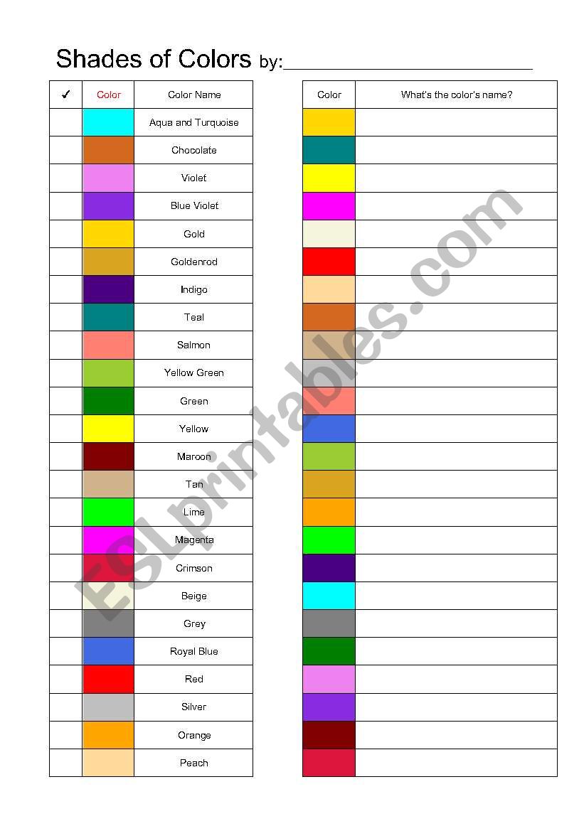 Unique Shades of Colors worksheet