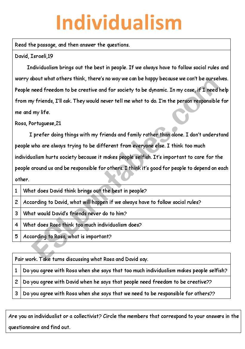 Individualism worksheet