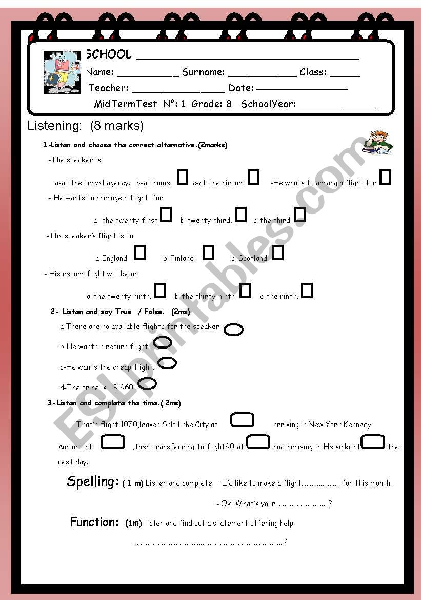 Mid Term Test No 1 Grade 8 worksheet