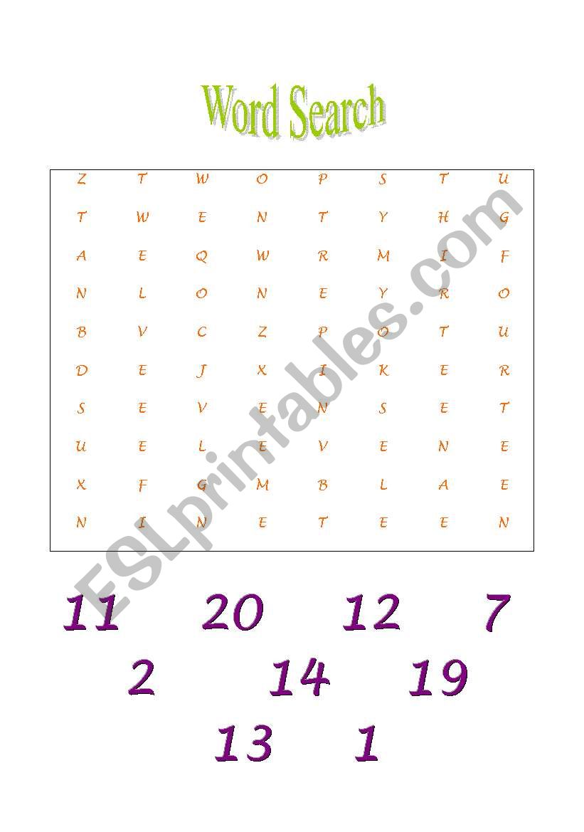 Wordsearch 1-20 worksheet