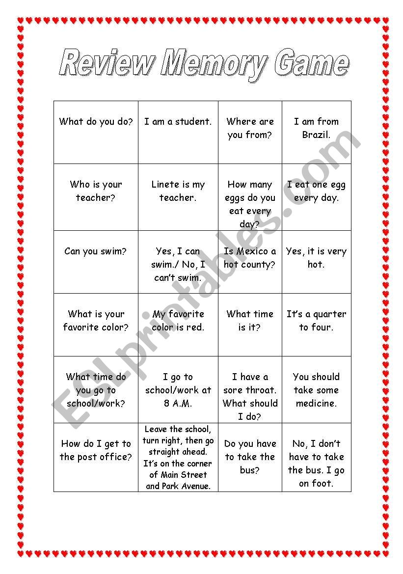 Review memory game worksheet