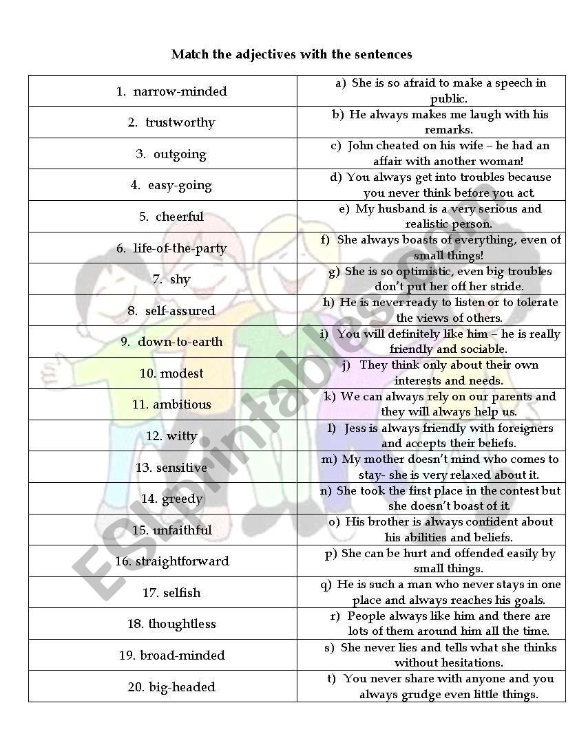 Personality adjectives worksheet