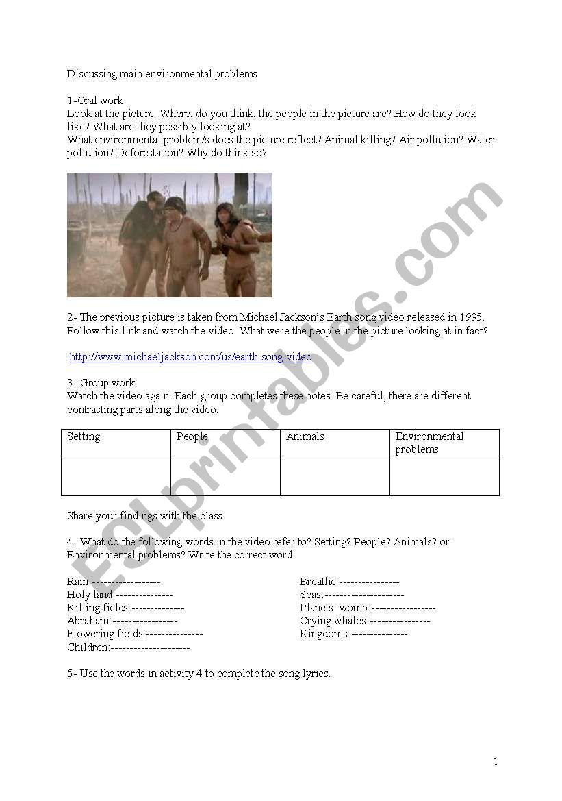 Earth song- Activities worksheet