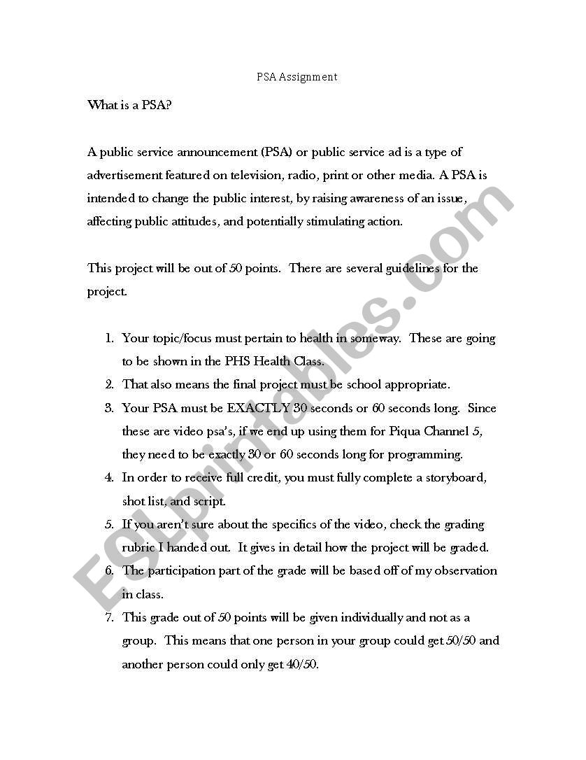 PSA Project Guidelines worksheet