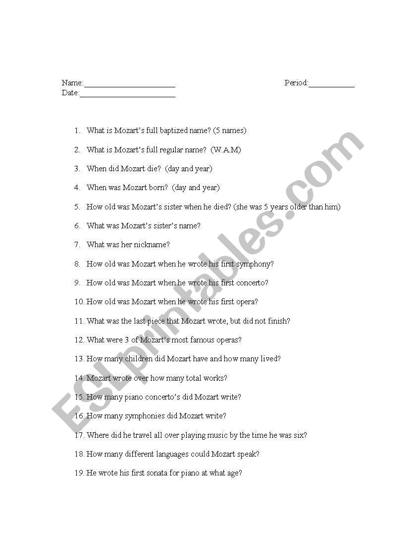 Mozart Test worksheet