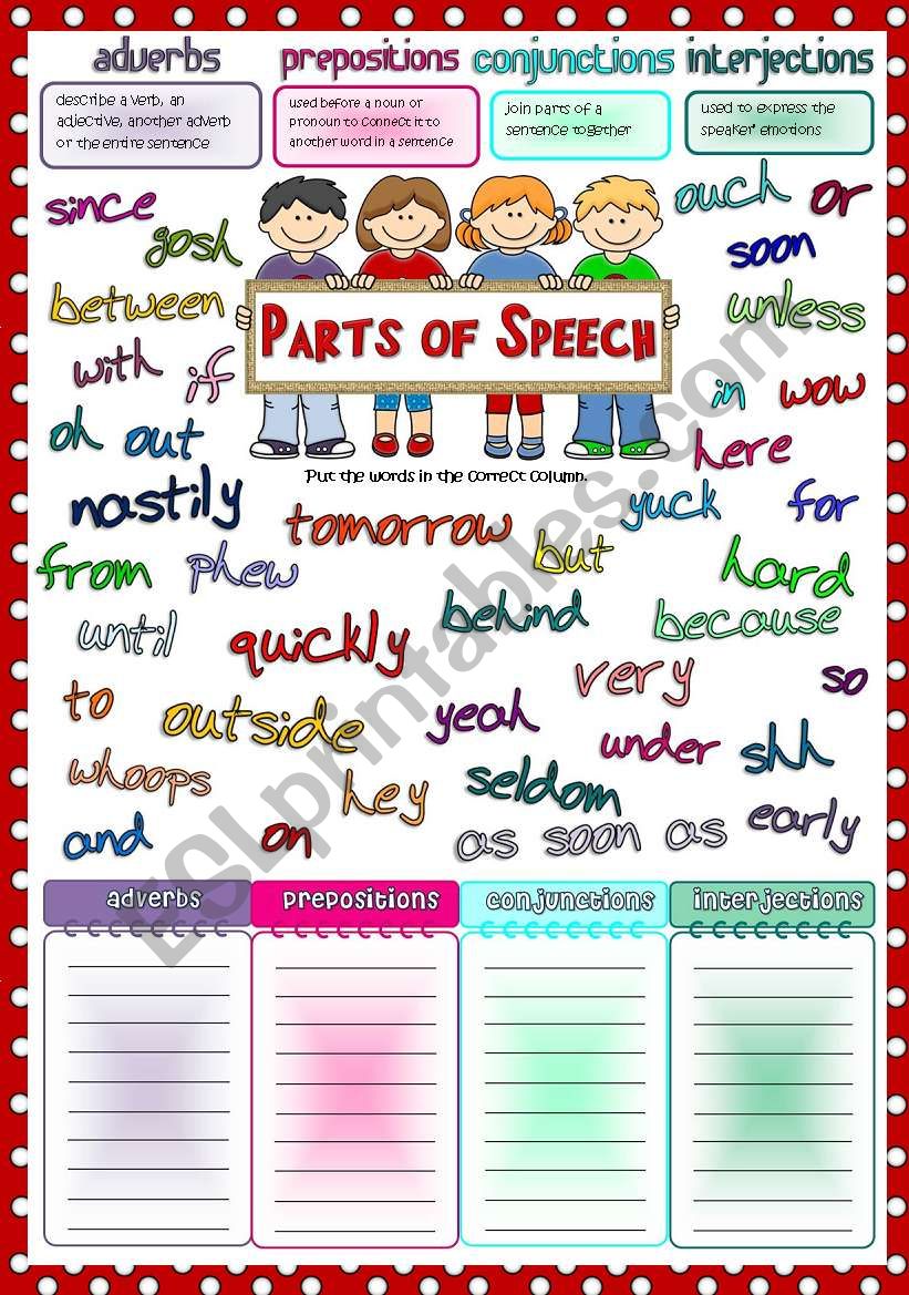 Parts Of Speech 2 Adverbs Prepositions Conjunctions Interjections ESL Worksheet By Mada 1