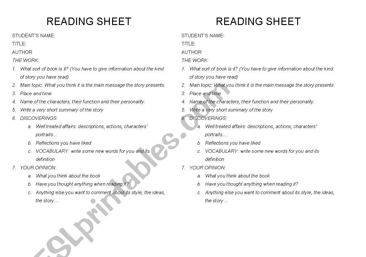 Reading Log worksheet