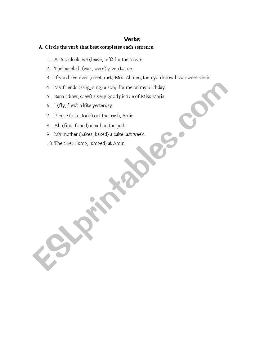 Verbs worksheet