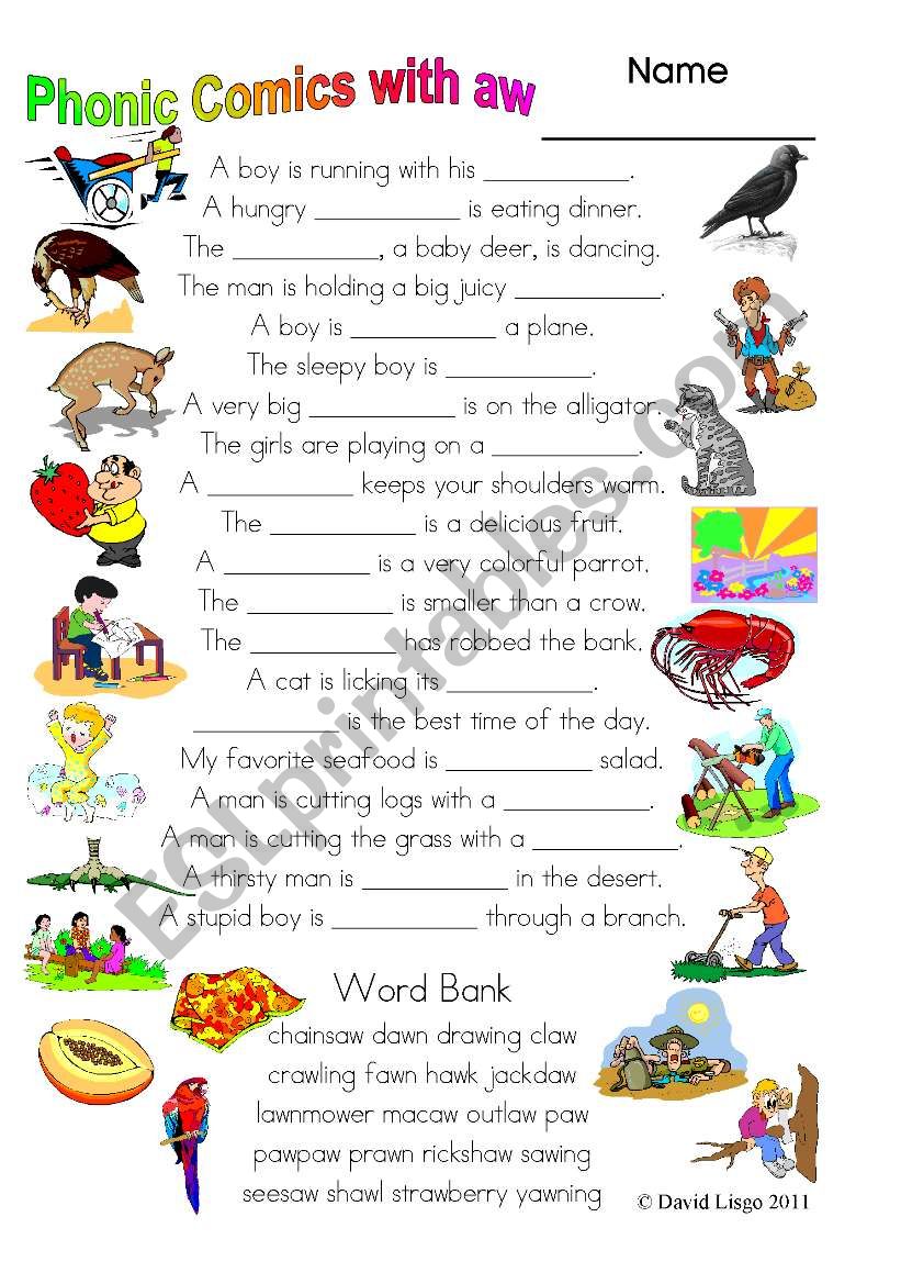 3 pages of Phonic Comics with aw: worksheet, comic dialogue and key (#32)