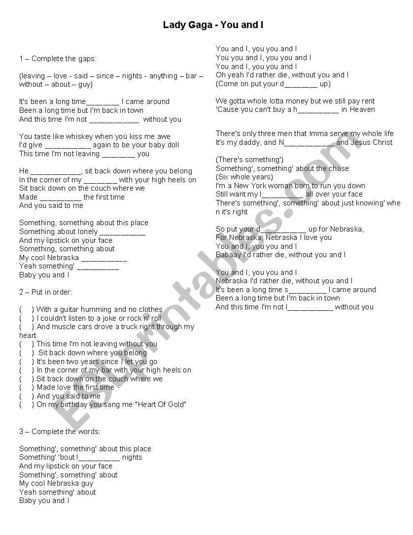 You and I - Lady Gaga worksheet