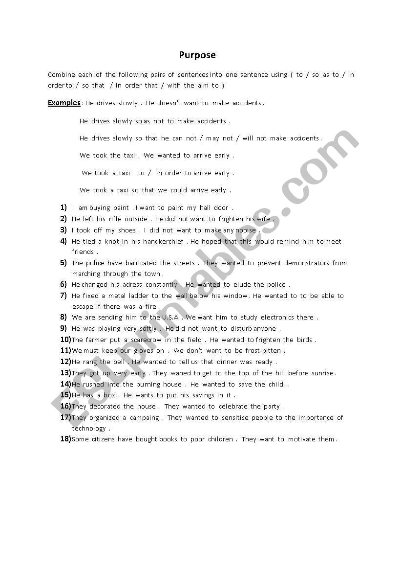 Expressing  purpose worksheet