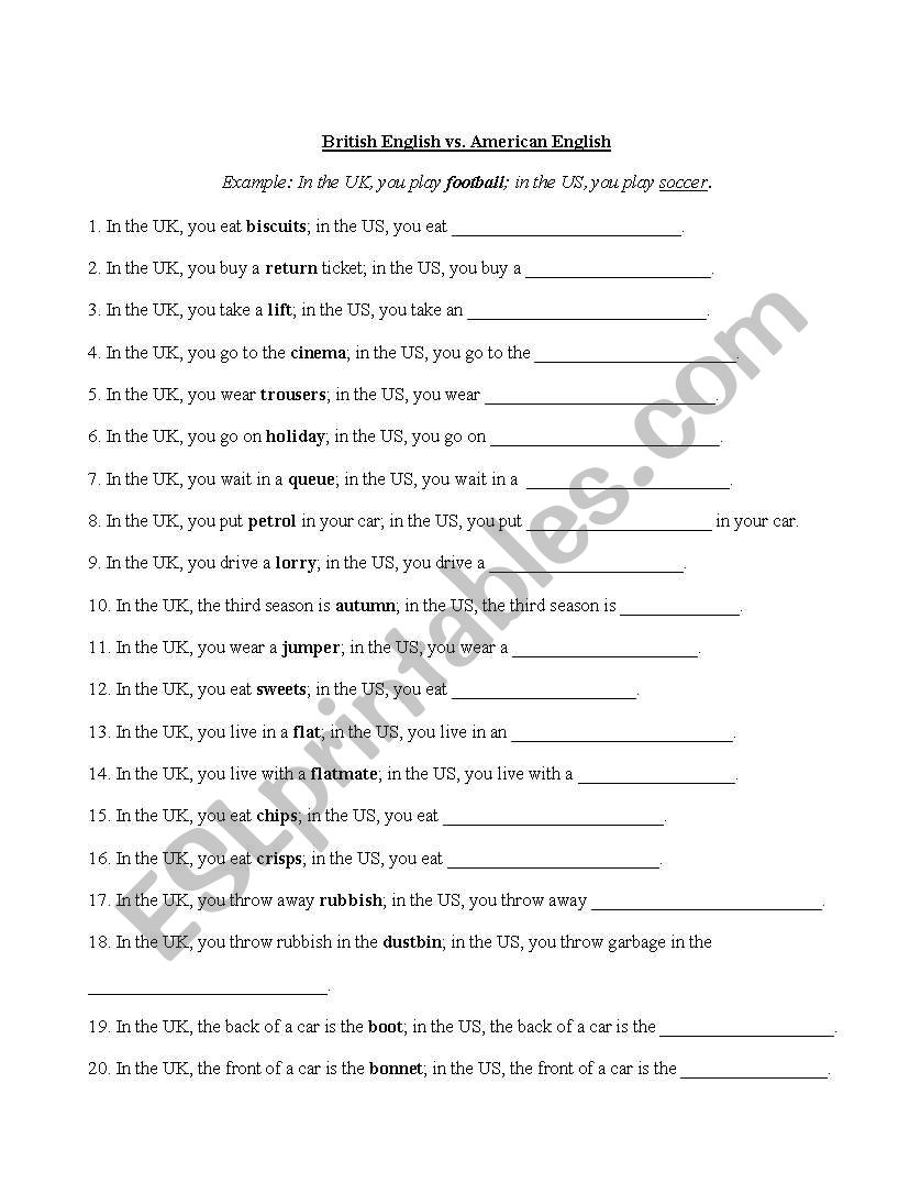 British vs American worksheet