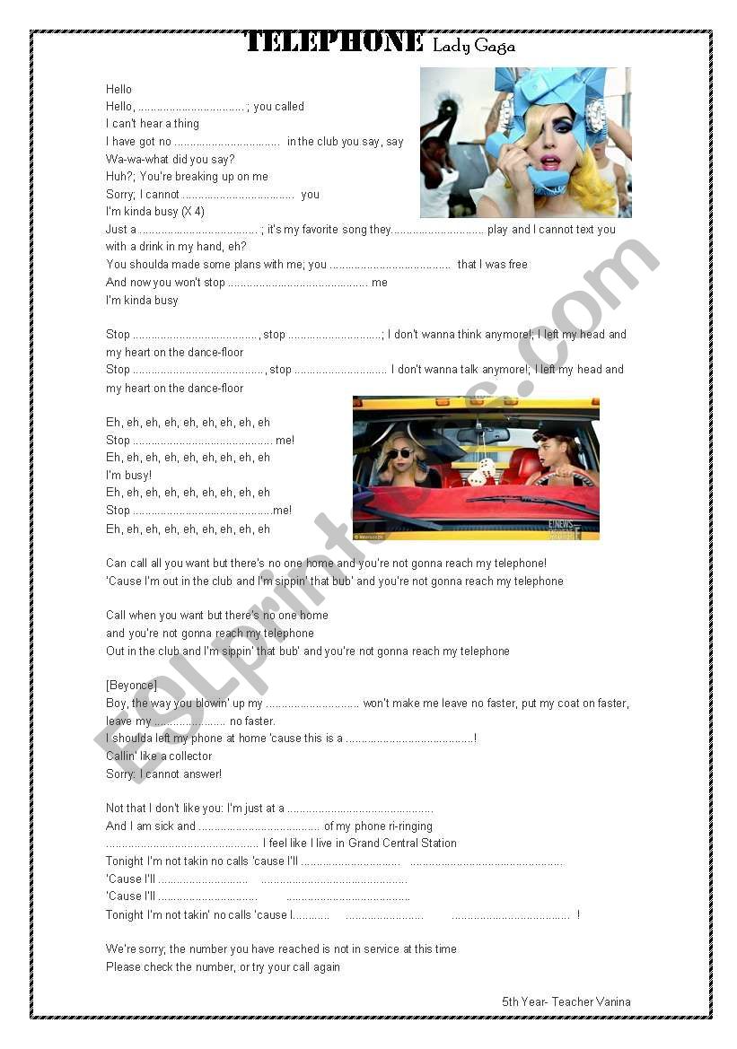 Telephone by lady gaga worksheet